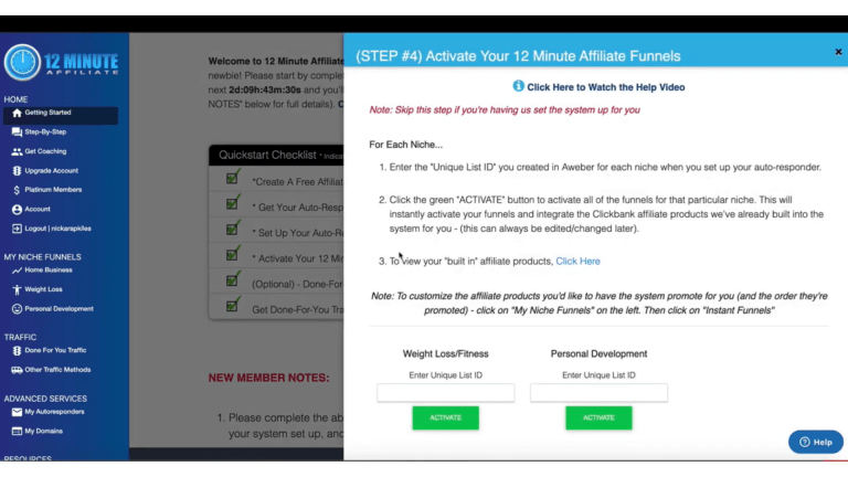Activating 12 Minute affiliate Funnels
