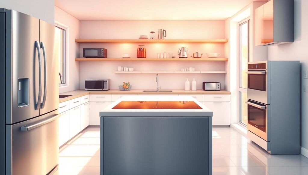 A bright, modern kitchen interior with sleek, energy-efficient appliances prominently displayed. In the foreground, a stainless steel refrigerator, dishwasher, and oven with clean lines and minimalist design. Behind them, a visually appealing countertop and backsplash, lit by warm, natural lighting from large windows. The middle ground features a central island with a gleaming glass-top induction cooktop. In the background, shelves hold various small appliances like a blender, air fryer, and coffee maker, all in complementary neutral tones. The overall scene conveys a sense of efficiency, practicality, and thoughtful, eco-conscious design.