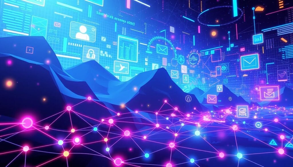 A digital landscape of abstract shapes and vibrant colors, depicting the core concepts of digital marketing. In the foreground, a series of interconnected nodes and networks symbolize the interconnectivity of online platforms and channels. In the middle ground, stylized icons and symbols represent key digital marketing strategies, such as search engine optimization, social media, email, and content creation. The background features a futuristic, techno-inspired environment with glowing grid patterns and shimmering data streams, evoking the dynamic and ever-evolving nature of the digital realm. The overall composition should convey a sense of depth, balance, and the complex, multifaceted nature of digital marketing. A digital landscape of abstract shapes and vibrant colors, depicting the core concepts of digital marketing. In the foreground, a series of interconnected nodes and networks symbolize the interconnectivity of online platforms and channels. In the middle ground, stylized icons and symbols represent key digital marketing strategies, such as search engine optimization, social media, email, and content creation. The background features a futuristic, techno-inspired environment with glowing grid patterns and shimmering data streams, evoking the dynamic and ever-evolving nature of the digital realm. The overall composition should convey a sense of depth, balance, and the complex, multifaceted nature of digital marketing.