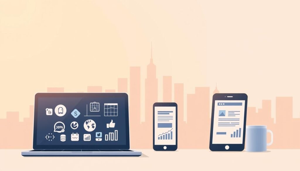 A digital marketing skills illustration showcasing a clean, minimalist design. In the foreground, a laptop displays various digital marketing icons and metrics, such as social media platforms, web analytics, and online advertising. In the middle ground, a smartphone and a tablet depict mobile-friendly content and responsive design. The background features a subtle cityscape silhouette, representing the digital and global nature of modern marketing. The lighting is soft and warm, creating a professional and modern atmosphere. The overall composition is well-balanced, highlighting the key digital marketing skills in a visually appealing and informative manner.