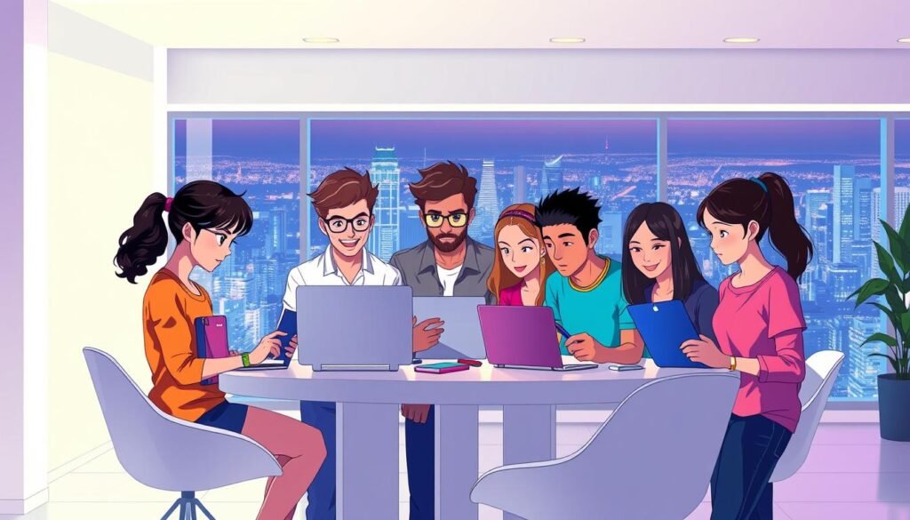A group of young, tech-savvy individuals huddled around a sleek, modern workspace, their faces illuminated by the glow of their laptop screens. In the foreground, a diverse team of digital marketers, each with a focused expression, strategizing and collaborating on their latest campaign. The middle ground showcases a minimalist, open-concept office setting, with white walls, geometric furniture, and pops of vibrant color. In the background, a window offers a panoramic view of a bustling city skyline, a testament to the dynamic and ever-evolving nature of the digital marketing industry. The overall scene conveys a sense of youthful energy, innovation, and the boundless potential of starting a career in this rapidly growing field.