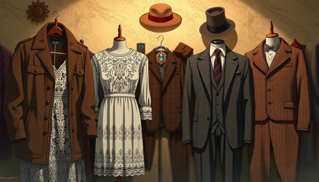 A meticulously curated collection of vintage garments, artfully arranged against a timeless backdrop. In the foreground, a harmonious display of classic fabrics and silhouettes - a weathered leather jacket, a delicate lace dress, and an impeccable tweed suit. The middle ground showcases a selection of accessories, from a velvet-lined hat to a gleaming antique brooch, evoking a sense of bygone eras. The background is a softly-lit, textured setting, hinting at the rich history and stories embedded within each piece. Warm, muted tones and gentle shadows create an atmosphere of nostalgic elegance, inviting the viewer to step into a world of sartorial splendor.