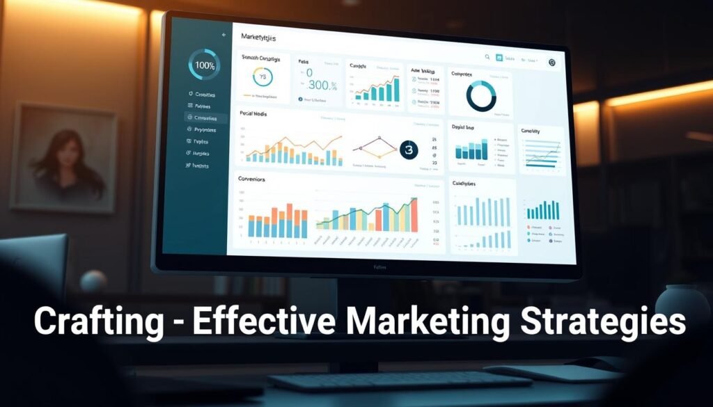 A sleek, modern marketing analytics dashboard displayed on a high-resolution screen, with a clean and minimalist interface. The dashboard features various charts, graphs, and data visualizations, providing real-time insights into key performance metrics such as website traffic, social media engagement, and conversion rates. The dashboard is set against a backdrop of a dimly lit office, with soft, warm lighting illuminating the workspace. The overall atmosphere conveys a sense of professionalism, efficiency, and data-driven decision-making, reflecting the content of the "Crafting Effective Marketing Strategies" section of the article.