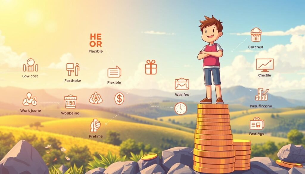 A vibrant and colorful illustration showcasing the key benefits of affiliate marketing for beginners. In the foreground, a smiling person standing atop a rising stack of coins, representing the potential for financial gain. In the middle ground, various icons and graphics depicting the low-cost, flexible, and passive income aspects of affiliate marketing. In the background, a serene landscape with rolling hills and a bright sky, conveying the sense of freedom and work-life balance that affiliate marketing can provide. The scene is bathed in warm, golden lighting, creating a positive and inspiring atmosphere. Rendered in a detailed, photorealistic style using a wide-angle lens to capture the full scope of the benefits. A vibrant and colorful illustration showcasing the key benefits of affiliate marketing for beginners. In the foreground, a smiling person standing atop a rising stack of coins, representing the potential for financial gain. In the middle ground, various icons and graphics depicting the low-cost, flexible, and passive income aspects of affiliate marketing. In the background, a serene landscape with rolling hills and a bright sky, conveying the sense of freedom and work-life balance that affiliate marketing can provide. The scene is bathed in warm, golden lighting, creating a positive and inspiring atmosphere. Rendered in a detailed, photorealistic style using a wide-angle lens to capture the full scope of the benefits.