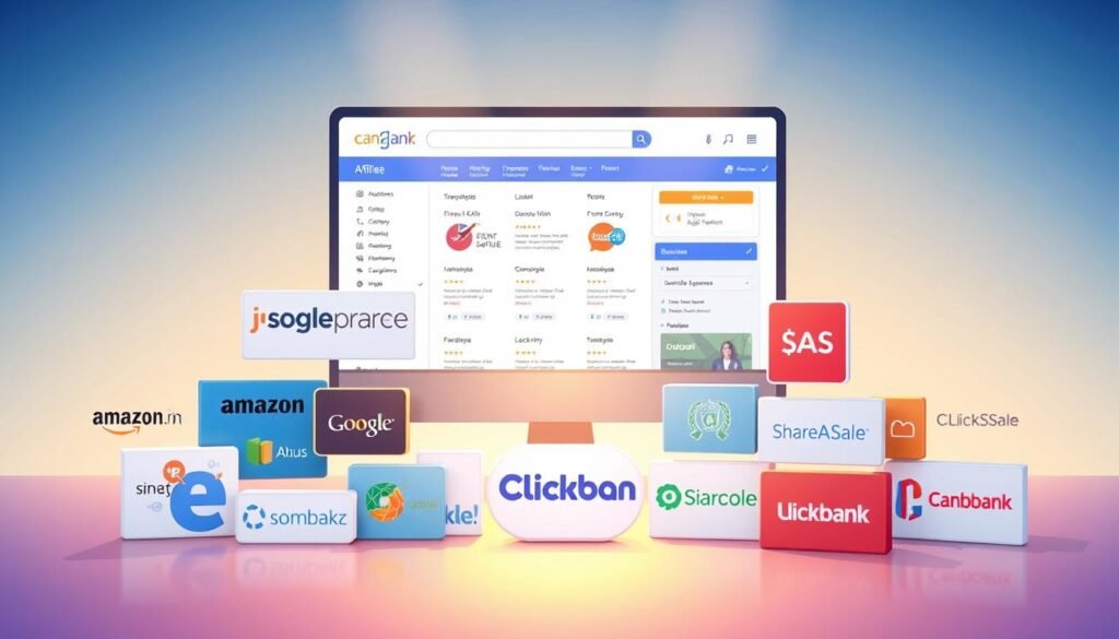 A vibrant and visually appealing illustration of popular affiliate networks, featuring a sleek and modern design. In the foreground, a variety of well-known affiliate network logos, such as Amazon Associates, ShareASale, and Clickbank, are neatly arranged against a soft, gradient background. The middle ground showcases a clean, minimalist web interface, with affiliate program listings and easy-to-navigate menus. In the background, a subtle pattern or texture adds depth and visual interest, while the overall lighting is warm and inviting, conveying a sense of professionalism and trustworthiness. The image should inspire confidence in the viewer and effectively communicate the idea of "Finding Legitimate Affiliate Programs". A vibrant and visually appealing illustration of popular affiliate networks, featuring a sleek and modern design. In the foreground, a variety of well-known affiliate network logos, such as Amazon Associates, ShareASale, and Clickbank, are neatly arranged against a soft, gradient background. The middle ground showcases a clean, minimalist web interface, with affiliate program listings and easy-to-navigate menus. In the background, a subtle pattern or texture adds depth and visual interest, while the overall lighting is warm and inviting, conveying a sense of professionalism and trustworthiness. The image should inspire confidence in the viewer and effectively communicate the idea of "Finding Legitimate Affiliate Programs".