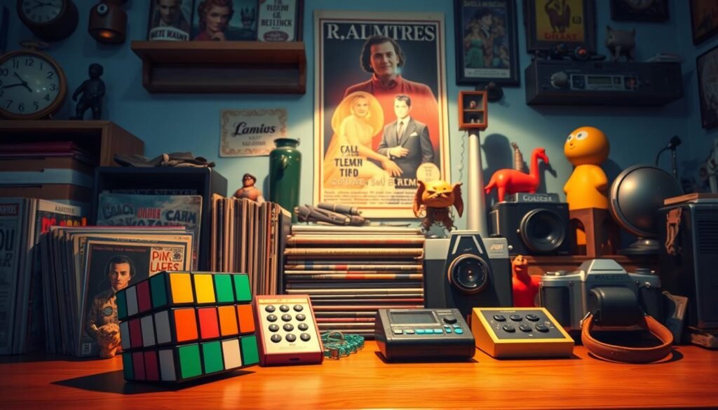 A vibrant collection of nostalgic treasures arranged on a wooden table, illuminated by warm, natural lighting. In the foreground, an assortment of vintage toys, including a pristine Rubik's Cube, a collection of classic comic books, and a retro handheld gaming device. In the middle ground, a stack of well-worn vinyl records and a vintage camera with a leather strap. In the background, a mix of antique trinkets, collectible figurines, and a faded movie poster evoking a bygone era. The scene exudes a sense of timeless allure, inviting the viewer to explore the stories and memories captured within these cherished items.