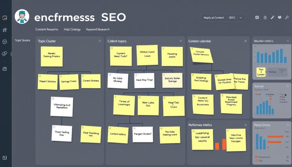 Content strategy planning board showing WordPress SEO content clusters and keywords Content strategy planning board showing WordPress SEO content clusters and keywords