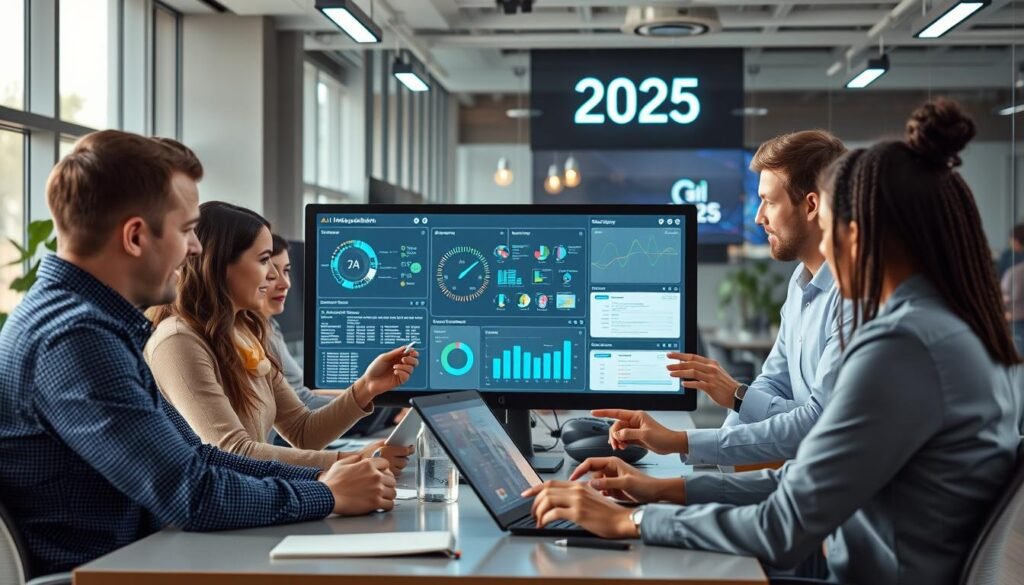 Team implementing AI tools for productivity and automation in 2025
