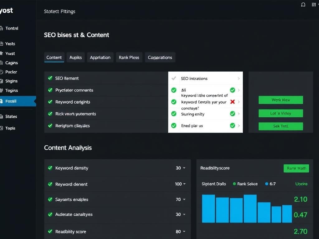 WordPress SEO plugin dashboard showing optimization settings and content analysis WordPress SEO plugin dashboard showing optimization settings and content analysis